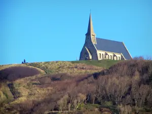 Étretat - The Notre-Dame-de-la-Garde chapel, stair, grassland and shrubs