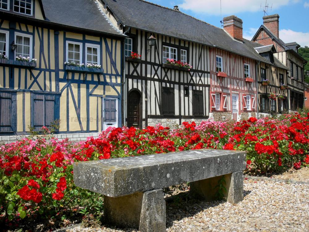 Guide de l'Eure - Le Bec-Hellouin - Façades de maisons à pans de bois, rosiers en fleurs, et banc
