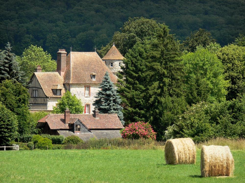 Guide de l'Eure - Paysages de l'Eure - Château de Vascoeuil (Centre d'Art et d'Histoire) dans un cadre de verdure, et bottes de foin dans un pré en premier plan
