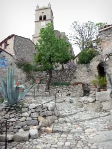 Eus - Bell tower of the Saint-Vincent-d'En-Haut church, cobbled street and houses of the village