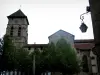 Eymoutiers - Collégiale Saint-Étienne, arbres et lampadaire