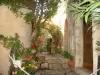 Èze - En el casco antiguo, entrada de la casa de piedra con sus plantas y flores