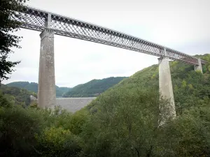 Fades Viaduct - View of the viaduct, one of the highest railway bridges in Europe, hills covered with trees and Besserve dam in the background; in the town of Sauret-Besserve