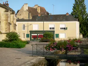 La Ferté-Bernard - Een deel van de Notre-Dame-des-Marais, huizen, bruggen en bloemen