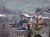 La Foux d'Allos - Chalets der Skistation Val d'Allos 1800, Bäume, Skilift und Almen (Weide)