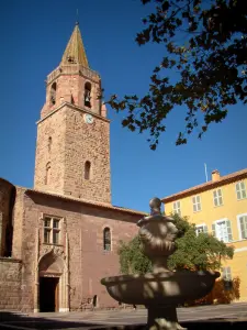 Fréjus - Fontaine de la place Formigé et branches d'un arbre en premier plan, cathédrale (groupe épiscopal) et hôtel de ville (mairie)