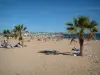 Fréjus - Fréjus-Plage : plage de sable avec des estivants et des palmiers, mer méditerranée et bateaux du port