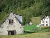 Garbet valley - Barn, pastures, houses and trees; in the Ariège Pyrenees Regional Nature Park, in Le Couserans area