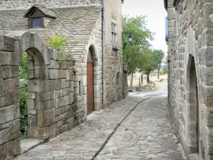 La Garde-Guérin - Strada lastricata fiancheggiata da case in pietra, la città di Prevencheres, nel Parco Nazionale delle Cévennes