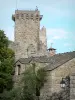 La Garde-Guérin - Uitkijktoren (middeleeuwse kerker van het kasteel) en stenen huis versterkt dorp, de stad van Prevencheres, in het Parc National des Cevennes