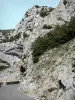Gargantas de Galamus - Paredes rochosas com vista para a estrada dos desfiladeiros; nos Fenouillèdes