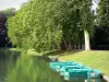Gärten des Schlosses von Fontainebleau - Karpfenteich, angelegte Barke und Bäume am Wasserrand