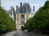 Gärten des Schlosses von Fontainebleau - Avenue Maintenon gesäumt von Lindenbäumen und Tor Dorée (Palast von Fontainebleau)