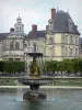 Giardini del castello di Fontainebleau - Letti Fontana e fiori del giardino francese, viale dei tigli e il palazzo che domina l'intero Fontainebleau