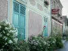 Giverny - Façade de l'ancien hôtel Baudy, rosiers et roses trémières