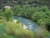 Gole dell'Orb - Orb fiume fiancheggiato da alberi, case, nel Parco Naturale Regionale di Haut Languedoc