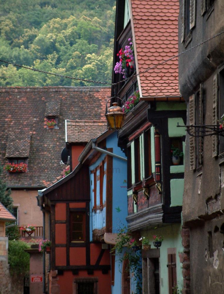 Guide du Grand Est - Kaysersberg - Maisons à colombages aux murs de couleurs vives (vert, bleu, orange)