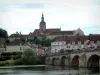 Gray - Flower-covered bridge spanning the River Saône, trees, houses and Notre-Dame basilica