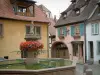 Gueberschwihr - Fontaine fleurie (géraniums) et maisons aux façades colorées du village