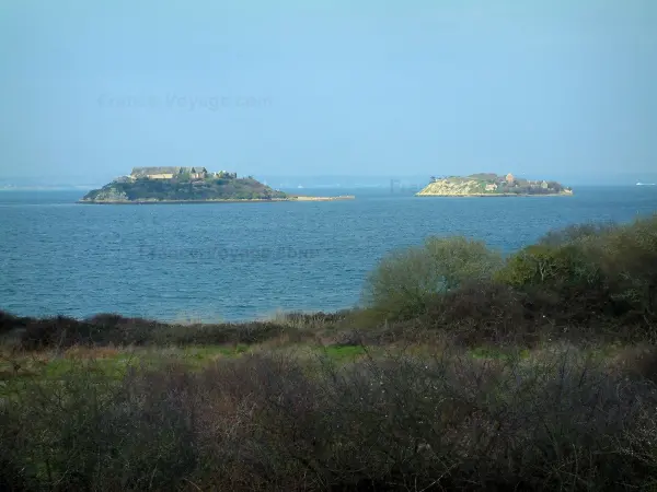 Halbinsel von Crozon - Von der Halbinsel aus, Blick auf das Meer (Meer Iroise) und auf die beiden Inseln Trébéron und Morts