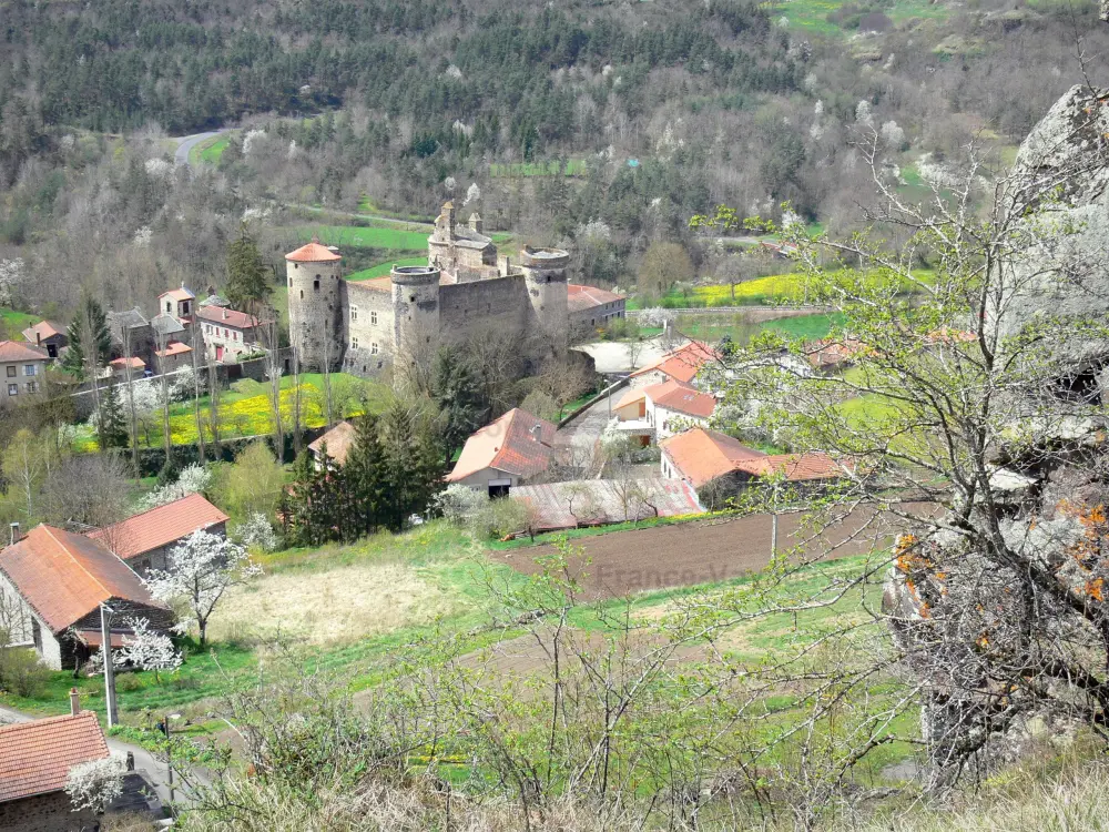 Guide of the Haute-Loire - Haute-Loire landscapes - View of the medieval castle and the houses of the village of Saint-Vidal in a wooded setting