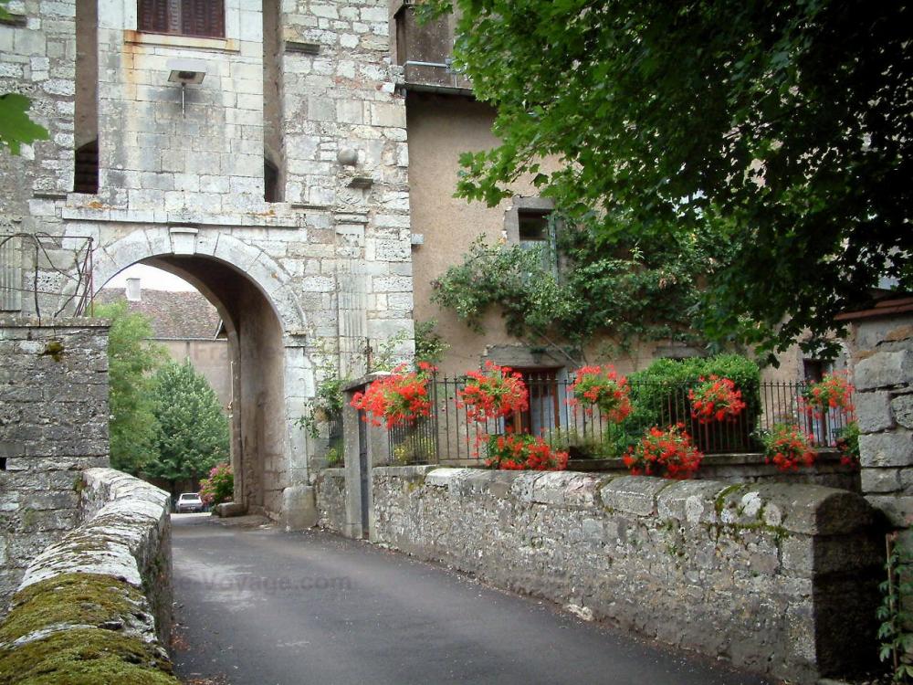Guide de la Haute-Saône - Marnay - Rue, porte et clôture d'une maison en fer forgé avec des géraniums (fleurs) suspendus