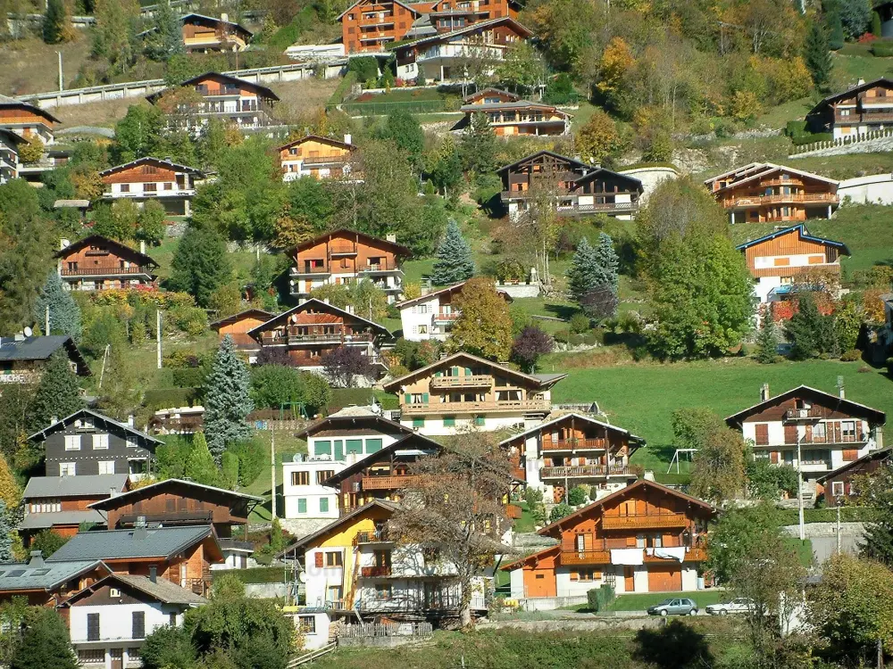Gids van de Haute-Savoie - Morzine - Bomen en chalets in het dorp (wintersportplaats en in de zomer), in de Haut-Chablais