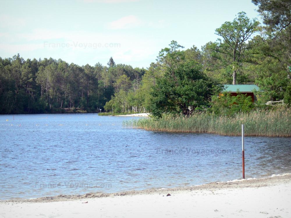 Het regionaal Natuurpark Les Landes de Gascogne - Regionaal Natuurpark Les Landes de Gascogne: Departementale veld Hostens : strand en het meer in een groene