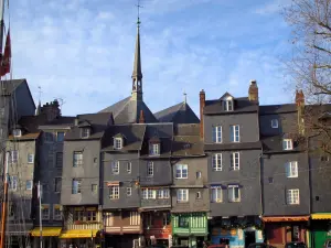 Honfleur - High slate-fronted houses in the Sainte-Catherine quay and the Sainte-Catherine church in background