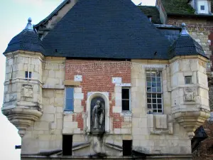 Honfleur - Virgin statue and the angle turrets in corbelled construction of Lieutenance