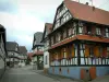 Hunspach - Strasse mit weissen Fachwerkhäusern, Fenster geschmückt mit Geranien