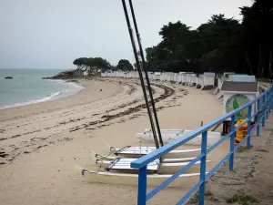 Île de Noirmoutier - Plage des Dames avec des catamarans posés sur le sable, cabines de bain et bois de la Chaise