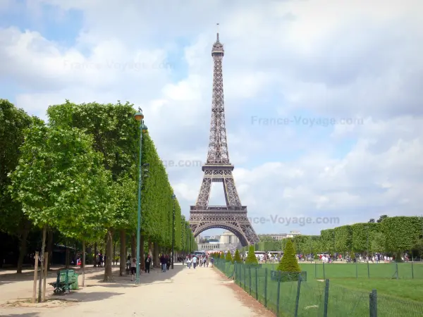 Jardin du Champ-de-Mars - Allées bordées d'arbres et pelouses du Champ-de-Mars avec vue sur la tour Eiffel