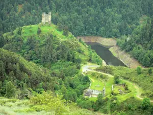 Kasteel van Alleuze - Gezicht op het middeleeuwse kasteel op een rots en St. Illide kapel in het hart van weelderig groen, in de kloven van Truyère