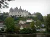 Kasteel van Montigny-le-Gannelon - Loire-vallei: kasteel met uitzicht op het dorp huizen, bomen langs het water, de rivier Loir