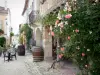 Labastide-d'Armagnac - Rosier grimpant en fleurs, maisons et terrasse de café place Royale