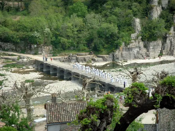 Labeaume - View of the submersible bridge of River Balm