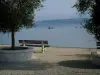 Lac du Bourget - Rive agrémentée d'oliviers et d'un banc avec vue sur le lac et un petit bateau de pêcheur