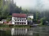 Lac de Chaillexon - Lac, rive, maisons et arbres de la forêt dans la brume