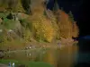 Lac de Montriond - Rive avec des promeneurs, lac et arbres aux couleurs de l'automne, dans le Haut-Chablais