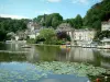 Lac de Pierrefonds - Lac parsemé de nénuphars, bateau, pédalos, terrasse de café au bord de l'eau, maisons et arbres