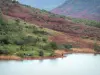 Lac du Salagou - Retenue d'eau, rive, roche rouge, arbres et collines