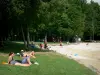 Lac de Sillé - Sillé Plage, sur la commune de Sillé-le-Guillaume, dans le Parc Naturel Régional Normandie-Maine : pelouse ombragée d'arbres et plage de sable