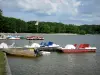 Lac de Sillé - Sillé Plage, sur la commune de Sillé-le-Guillaume, dans le Parc Naturel Régional Normandie-Maine : pédalos amarrés, plan d'eau et arbres de la forêt de Sillé