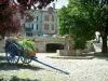 Lacaune - Place pavée avec brouette en bois décorée de fleurs, fontaine, arbres et maisons en pierre (Parc Naturel Régional du Haut-Languedoc)