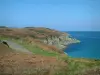 Landscapes of the Brittany coast - Wild coast (côte sauvage) covered with herb and sea, turquoise blue water