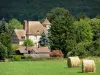 Landscapes of the Eure - Château de Vascoeuil (Centre of Art and History) in a green environment, and hay bales in a meadow in the foreground