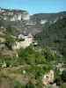 Landscapes of the Lozère - Jonte gorges - Cévennes National Park: view of the houses and terraces of Truel (hamlet in the municipality of Saint-Pierre-des-Tripiers), limestone cliffs and gorges