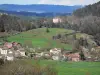 Landschaften der Haute-Loire - Regionaler Naturpark Livradois-Forez: Häuser des Weilers La Vernède, gesäumt von Weiden und Schloss Servières, umgeben von Bäumen, in der Gemeinde Saint-Didier-sur-Doulon