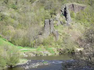 Landschaften der Haute-Loire - Allier-Schluchten: Felswände mit Blick auf den Allier-Fluss und Bäume entlang des Wassers